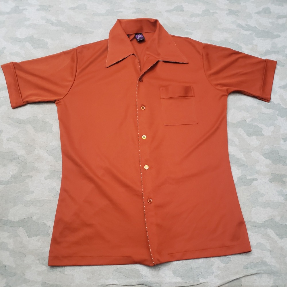 Vintage Joel Shirt Mens Large Orange 70s Disco Short Sleeve Button-Up